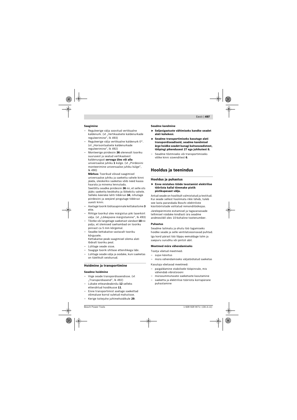 Hooldus ja teenindus | Bosch PPS 7S User Manual | Page 497 / 537