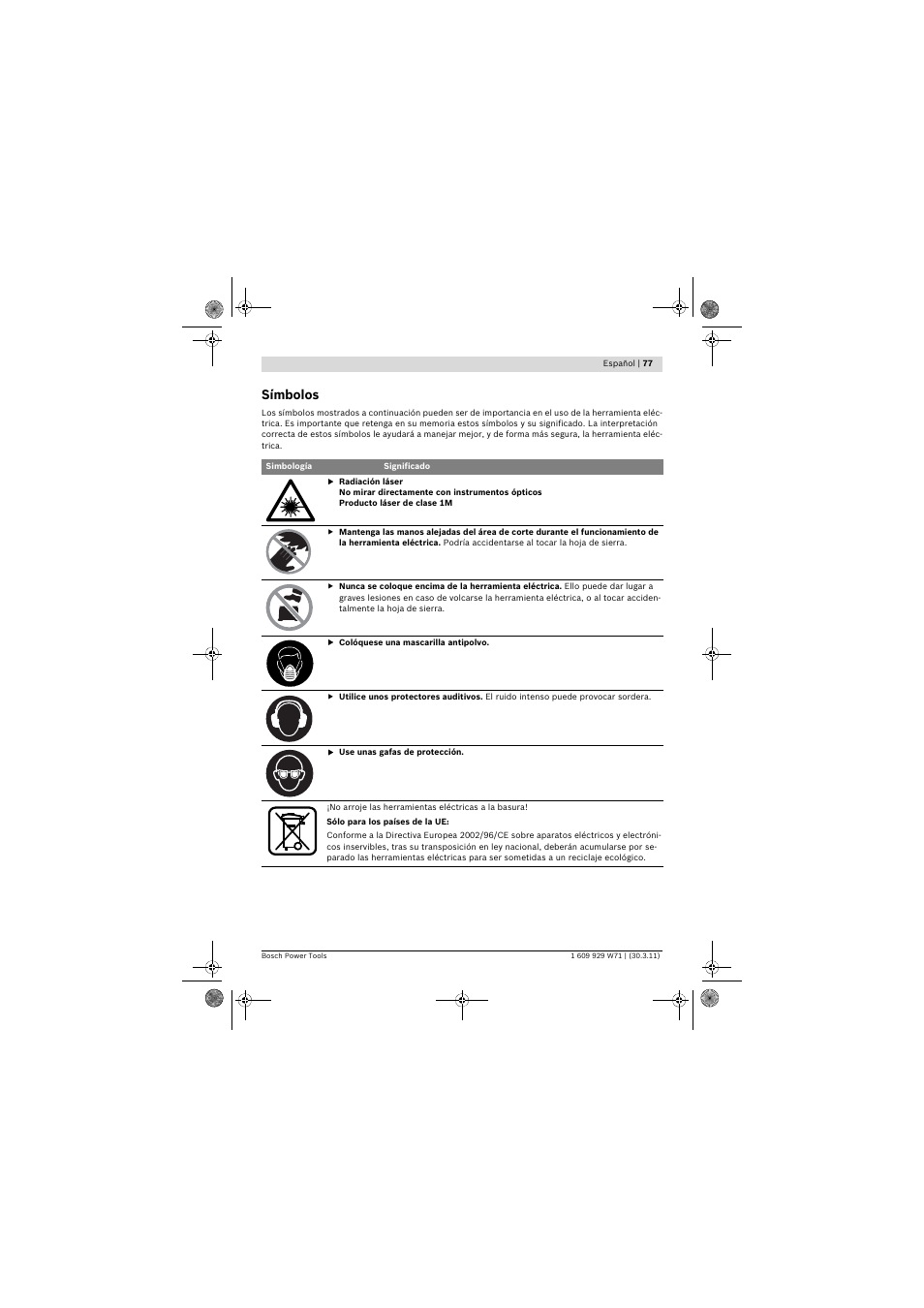 Símbolos | Bosch PPS 7S User Manual | Page 77 / 537