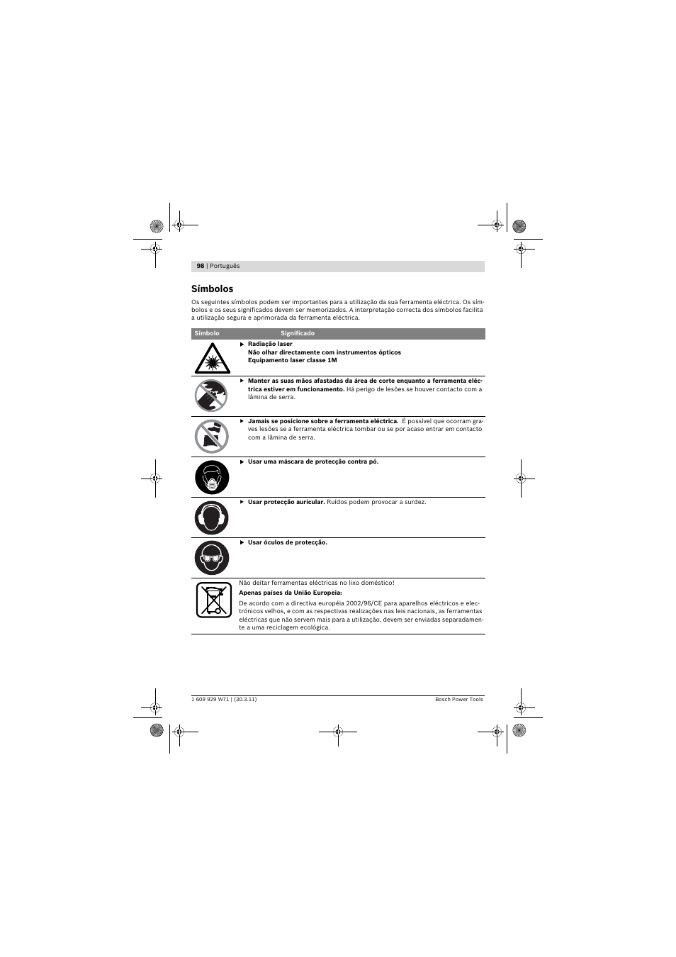 Símbolos | Bosch PPS 7S User Manual | Page 98 / 537