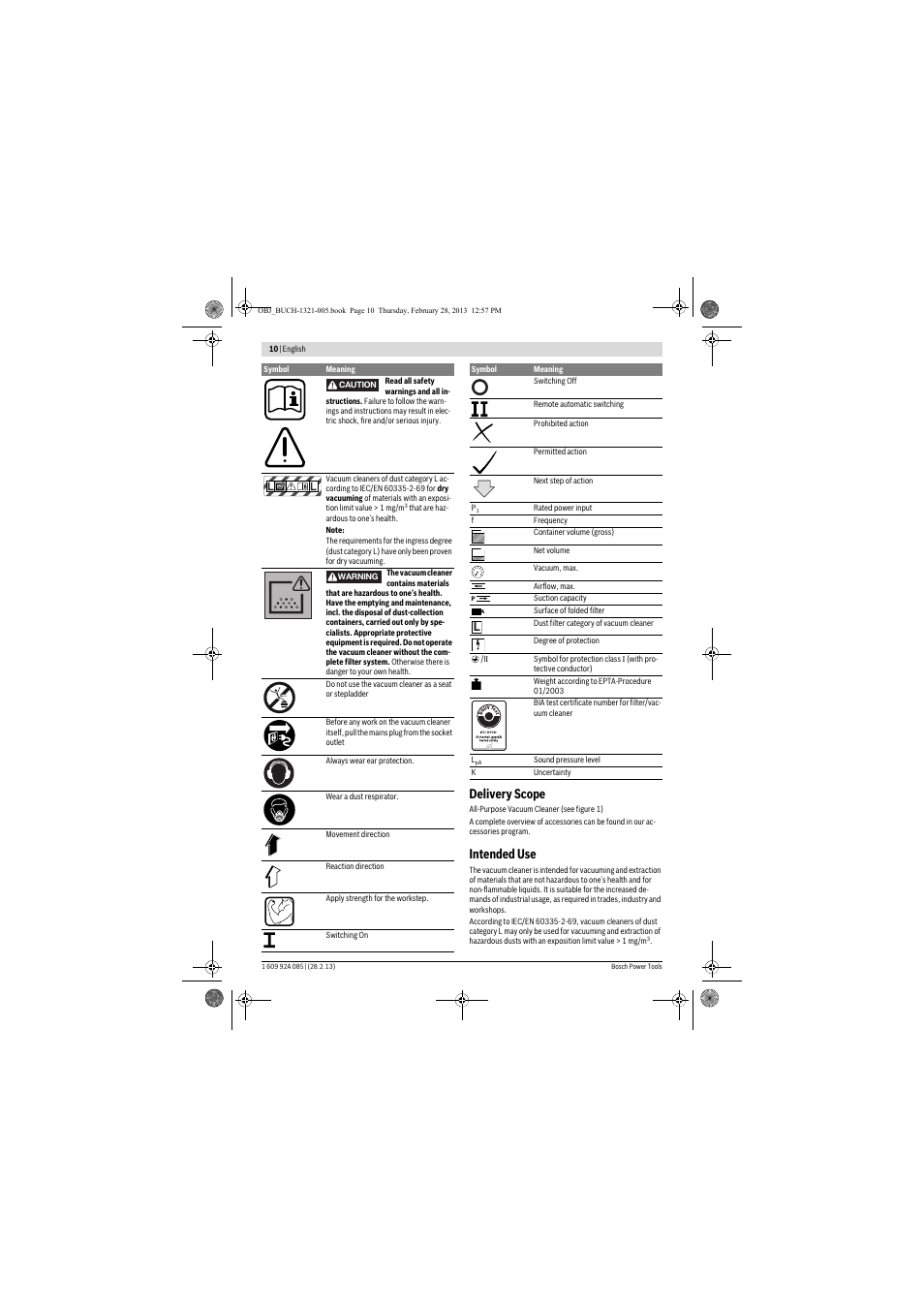 Delivery scope, Intended use | Bosch GAS 20 L SFC Professional User Manual | Page 10 / 184