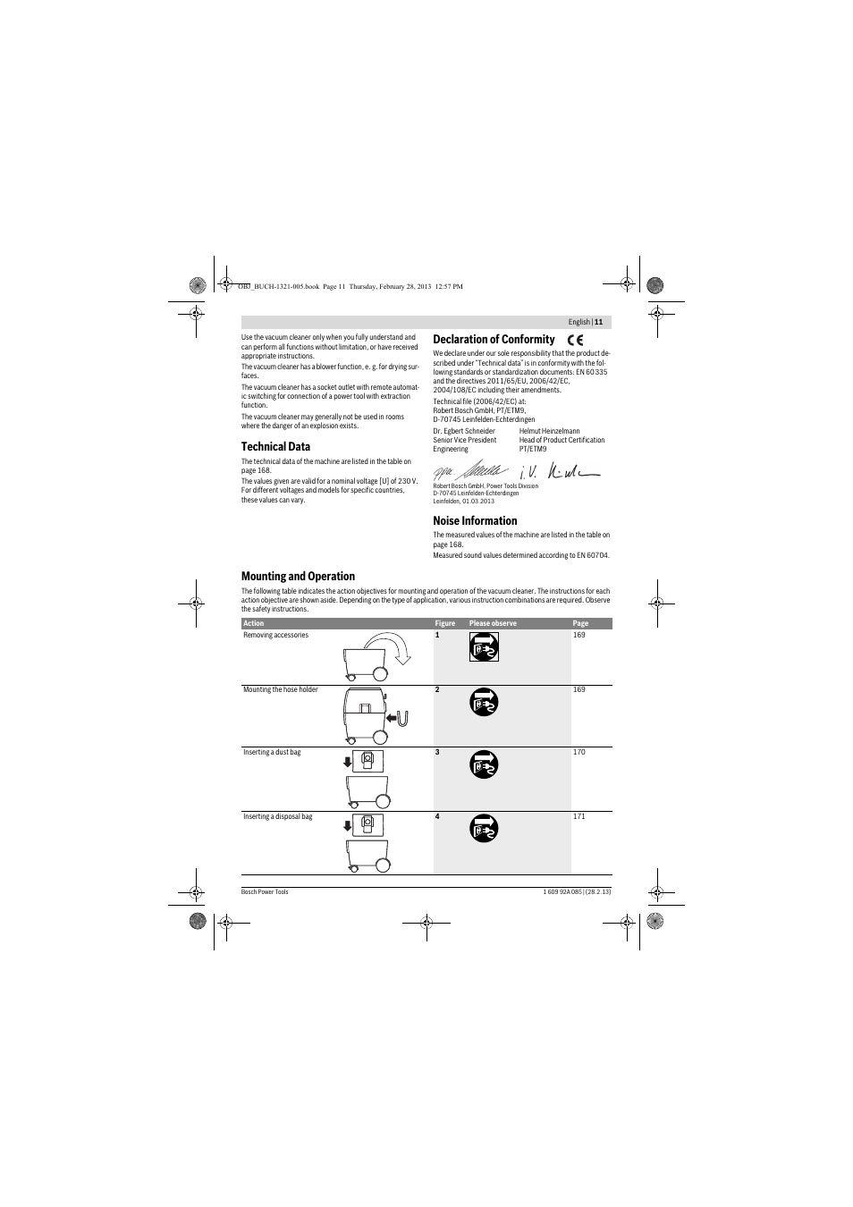 Technical data, Declaration of conformity, Noise information | Mounting and operation | Bosch GAS 20 L SFC Professional User Manual | Page 11 / 184