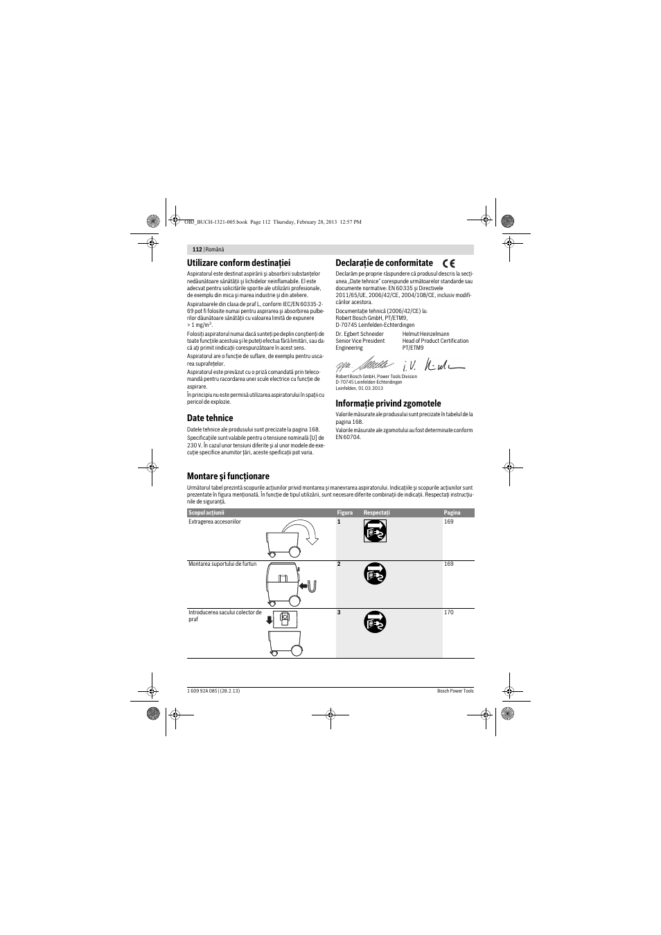 Utilizare conform destinaţiei, Date tehnice, Declaraţie de conformitate | Informaţie privind zgomotele, Montare şi funcţionare | Bosch GAS 20 L SFC Professional User Manual | Page 112 / 184