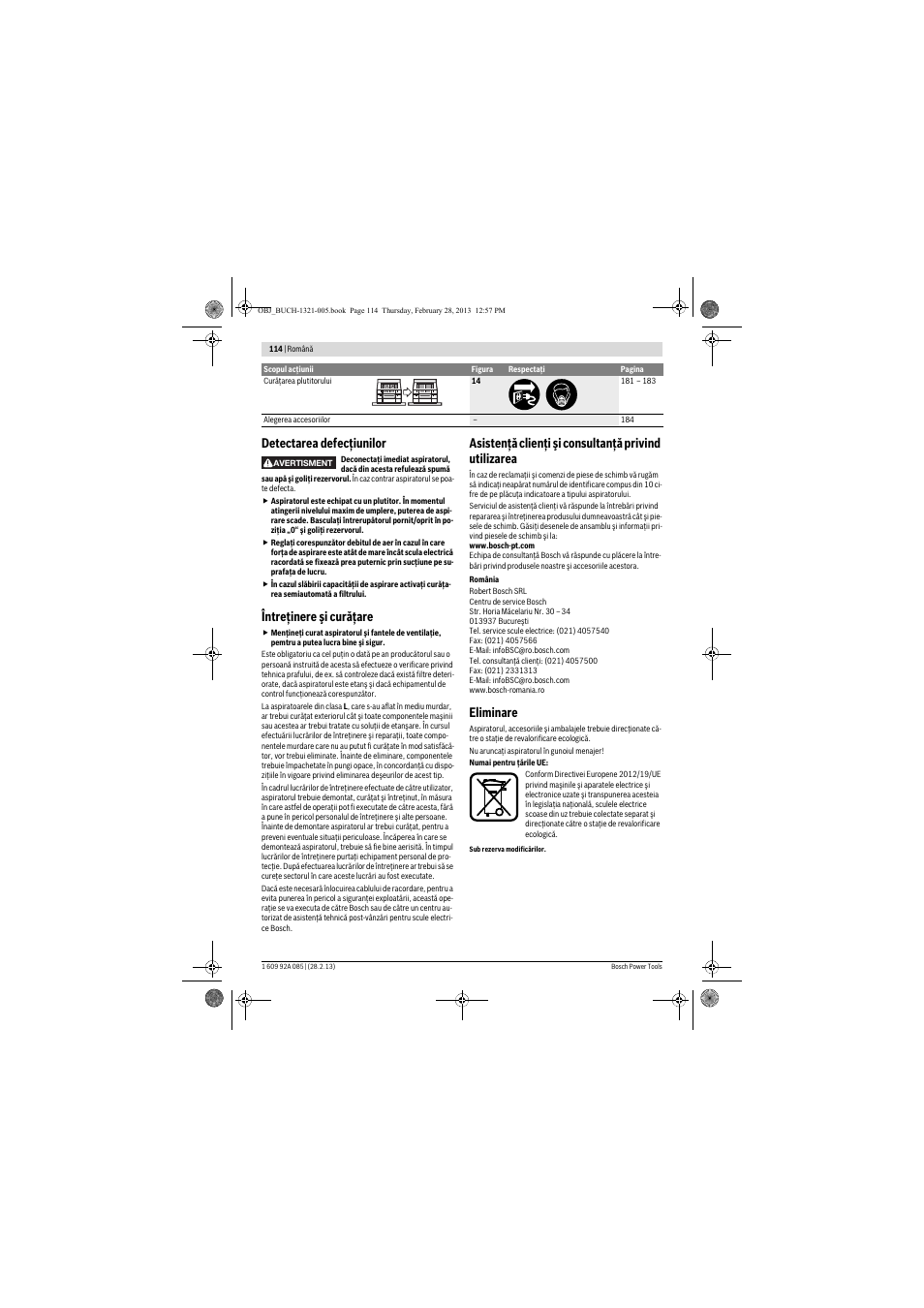 Detectarea defecţiunilor, Întreţinere şi curăţare, Eliminare | Bosch GAS 20 L SFC Professional User Manual | Page 114 / 184