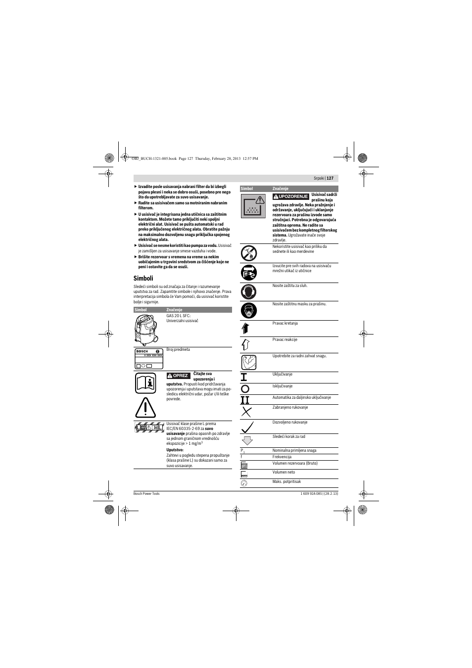 Simboli | Bosch GAS 20 L SFC Professional User Manual | Page 127 / 184