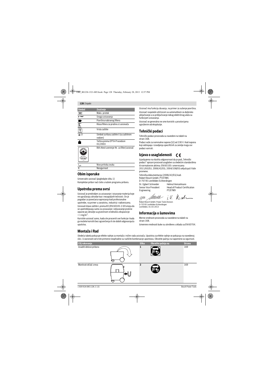 Obim isporuke, Upotreba prema svrsi, Tehnički podaci | Izjava o usaglašenosti, Informacija o šumovima, Montaža i rad | Bosch GAS 20 L SFC Professional User Manual | Page 128 / 184