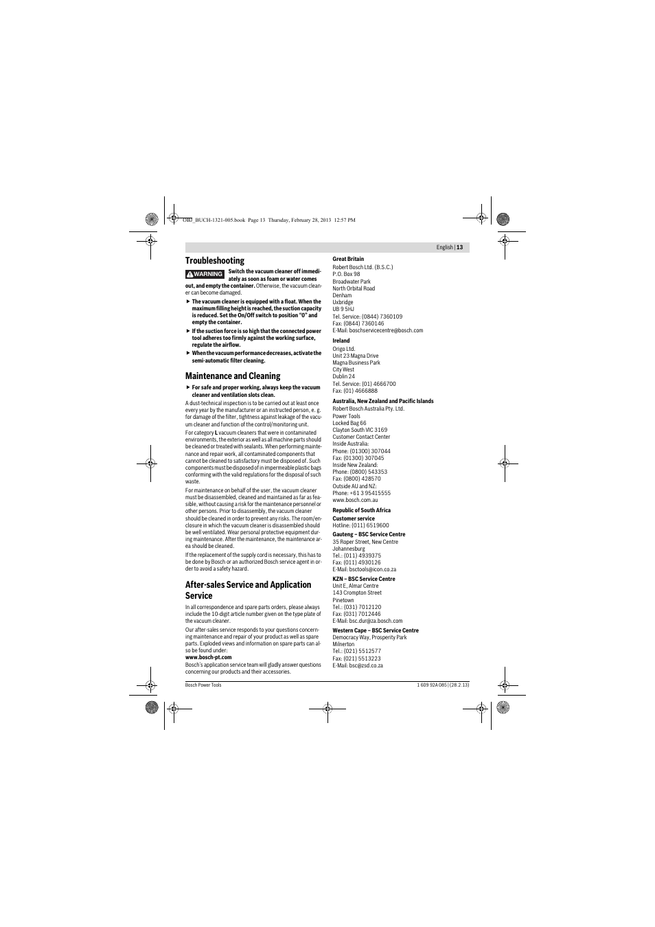 Troubleshooting, Maintenance and cleaning, After-sales service and application service | Bosch GAS 20 L SFC Professional User Manual | Page 13 / 184