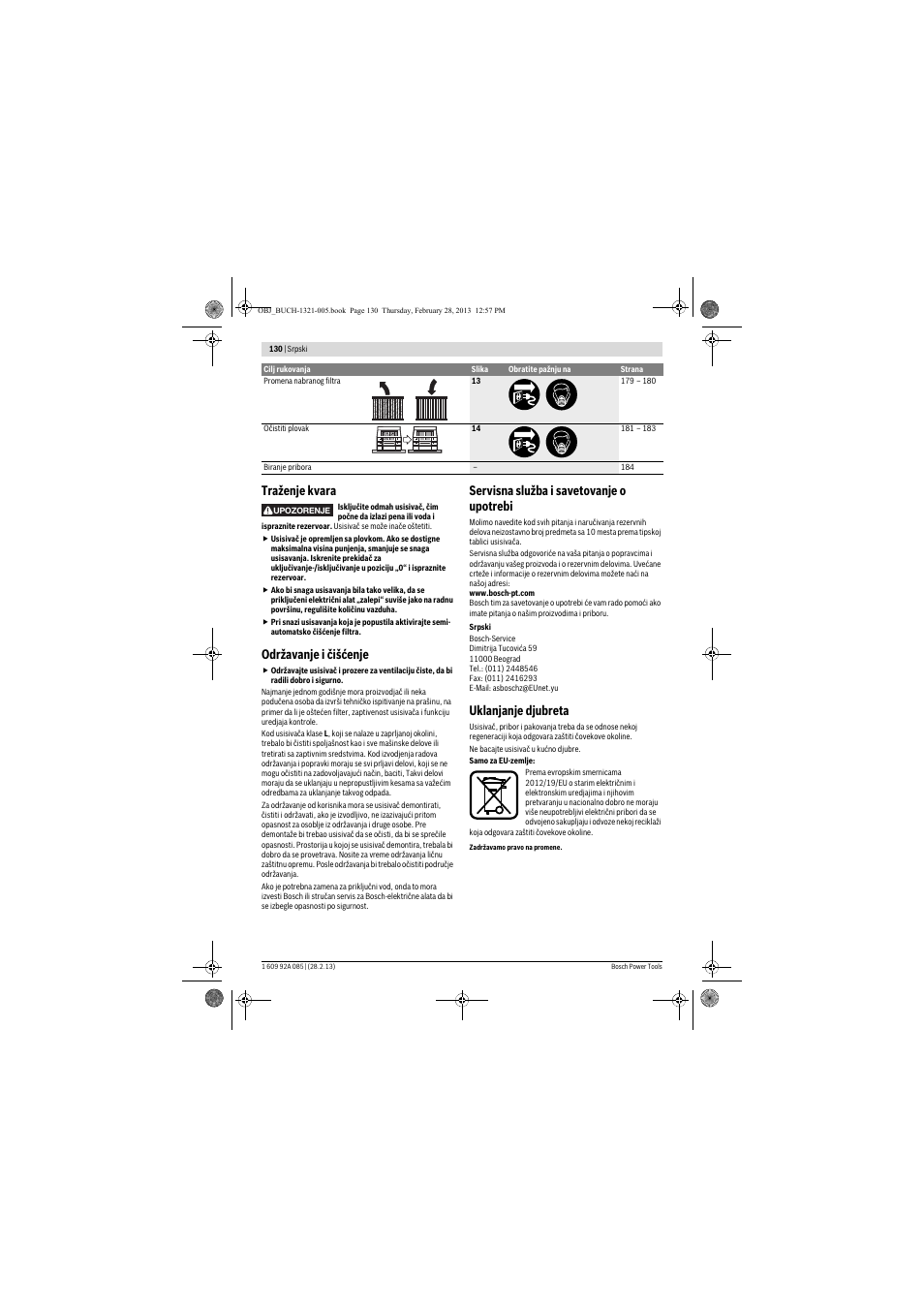 Traženje kvara, Održavanje i čišćenje, Servisna služba i savetovanje o upotrebi | Uklanjanje djubreta | Bosch GAS 20 L SFC Professional User Manual | Page 130 / 184