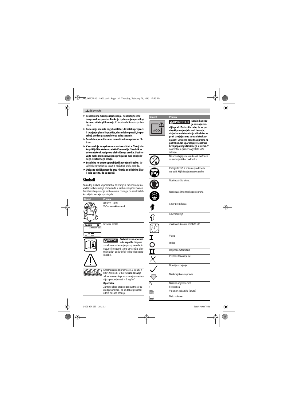 Simboli | Bosch GAS 20 L SFC Professional User Manual | Page 132 / 184