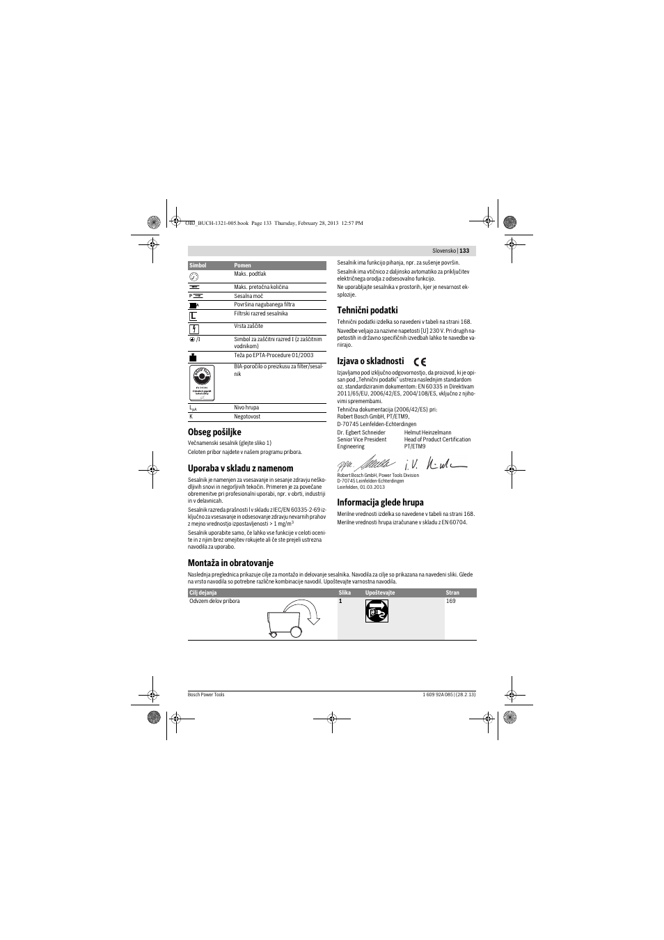 Obseg pošiljke, Uporaba v skladu z namenom, Tehnični podatki | Izjava o skladnosti, Informacija glede hrupa, Montaža in obratovanje | Bosch GAS 20 L SFC Professional User Manual | Page 133 / 184