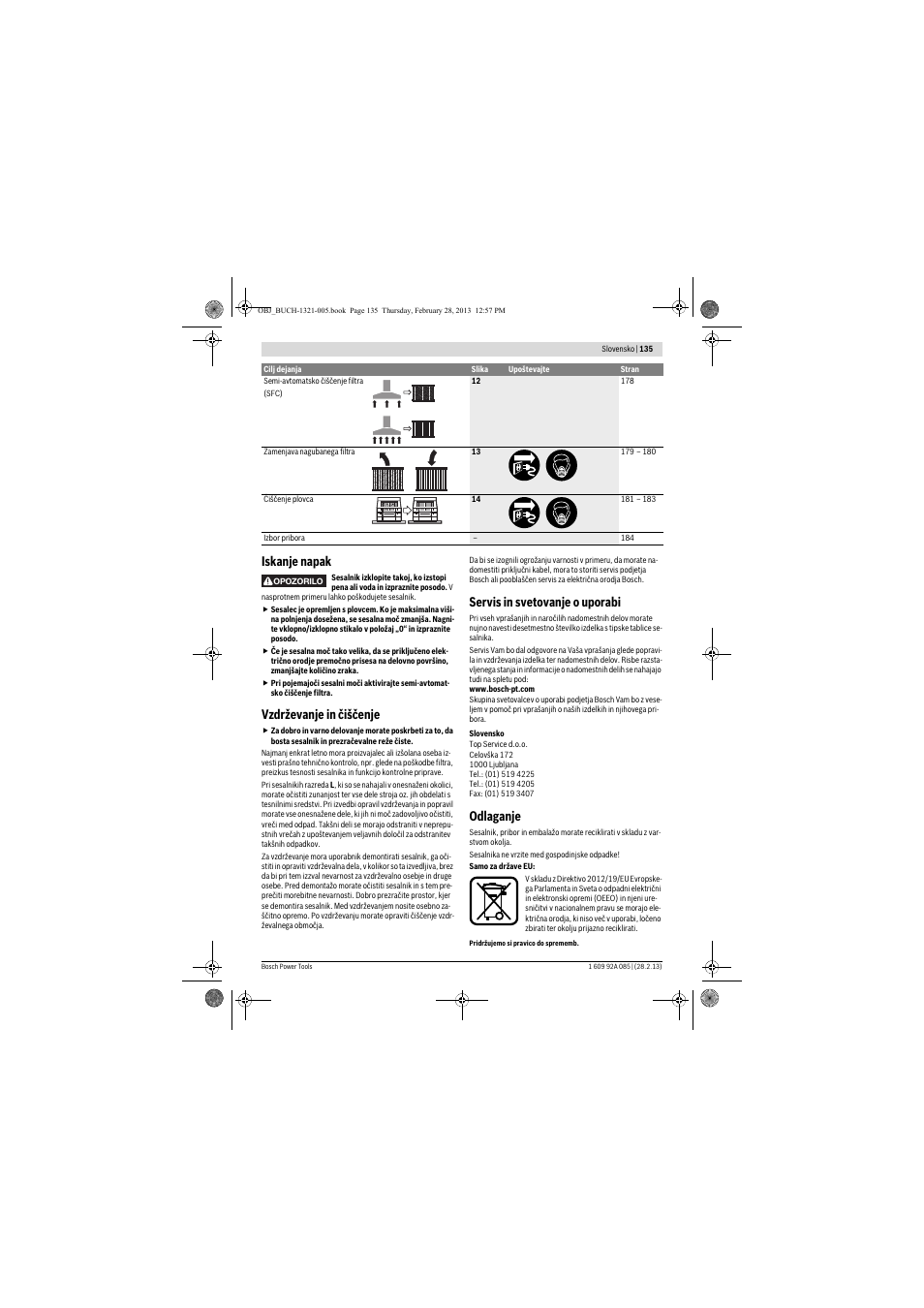 Iskanje napak, Vzdrževanje in čiščenje, Servis in svetovanje o uporabi | Odlaganje | Bosch GAS 20 L SFC Professional User Manual | Page 135 / 184