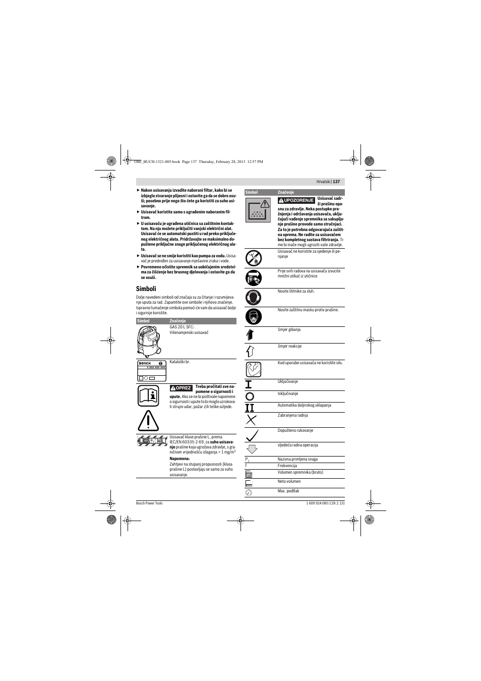 Simboli | Bosch GAS 20 L SFC Professional User Manual | Page 137 / 184