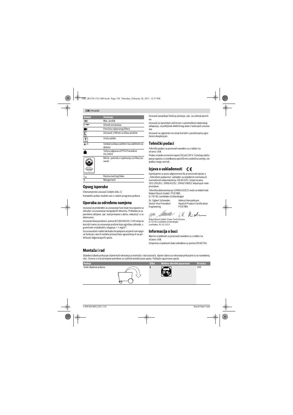 Opseg isporuke, Uporaba za određenu namjenu, Tehnički podaci | Izjava o usklađenosti, Informacija o buci, Montaža i rad | Bosch GAS 20 L SFC Professional User Manual | Page 138 / 184