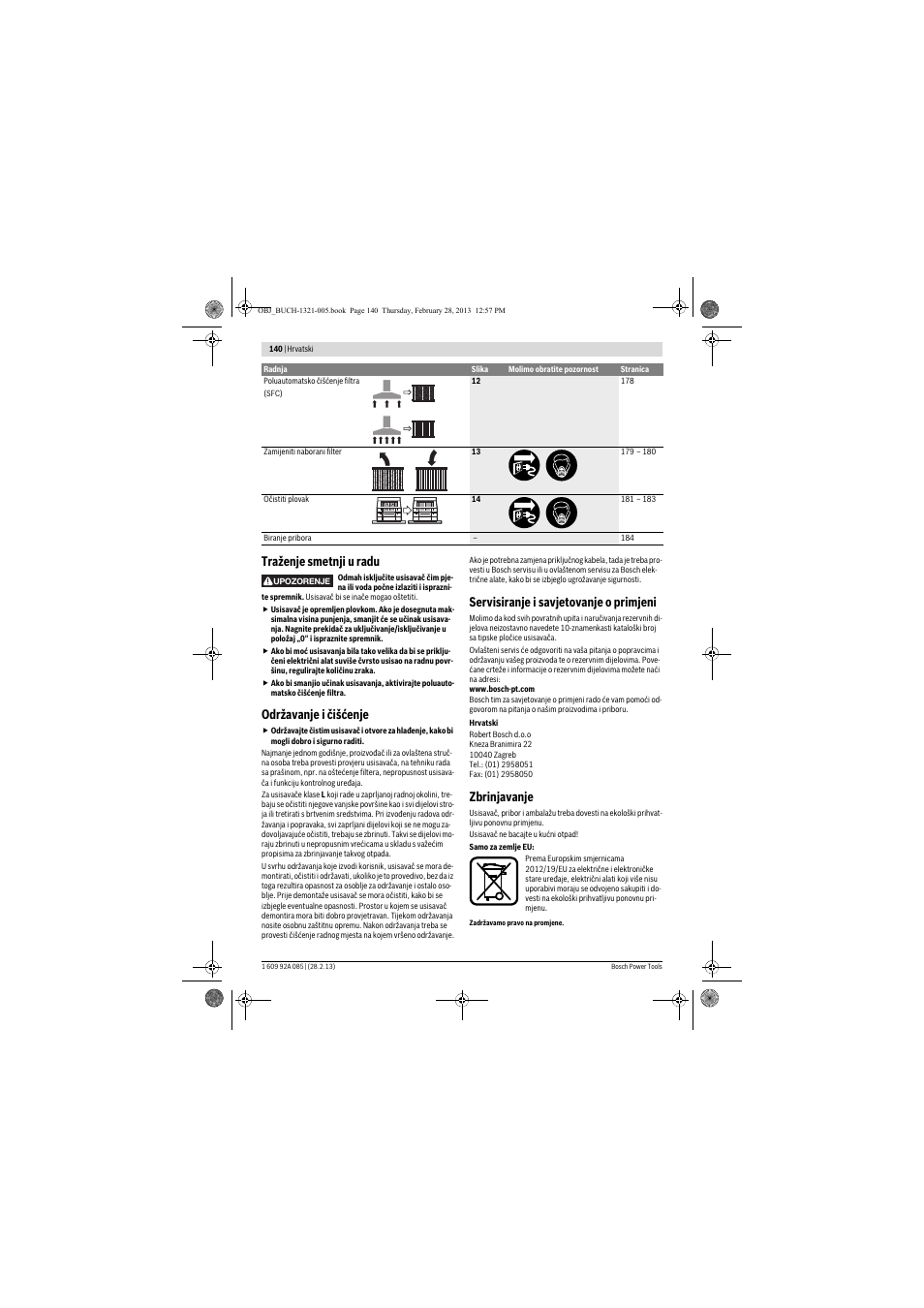 Traženje smetnji u radu, Održavanje i čišćenje, Servisiranje i savjetovanje o primjeni | Zbrinjavanje | Bosch GAS 20 L SFC Professional User Manual | Page 140 / 184