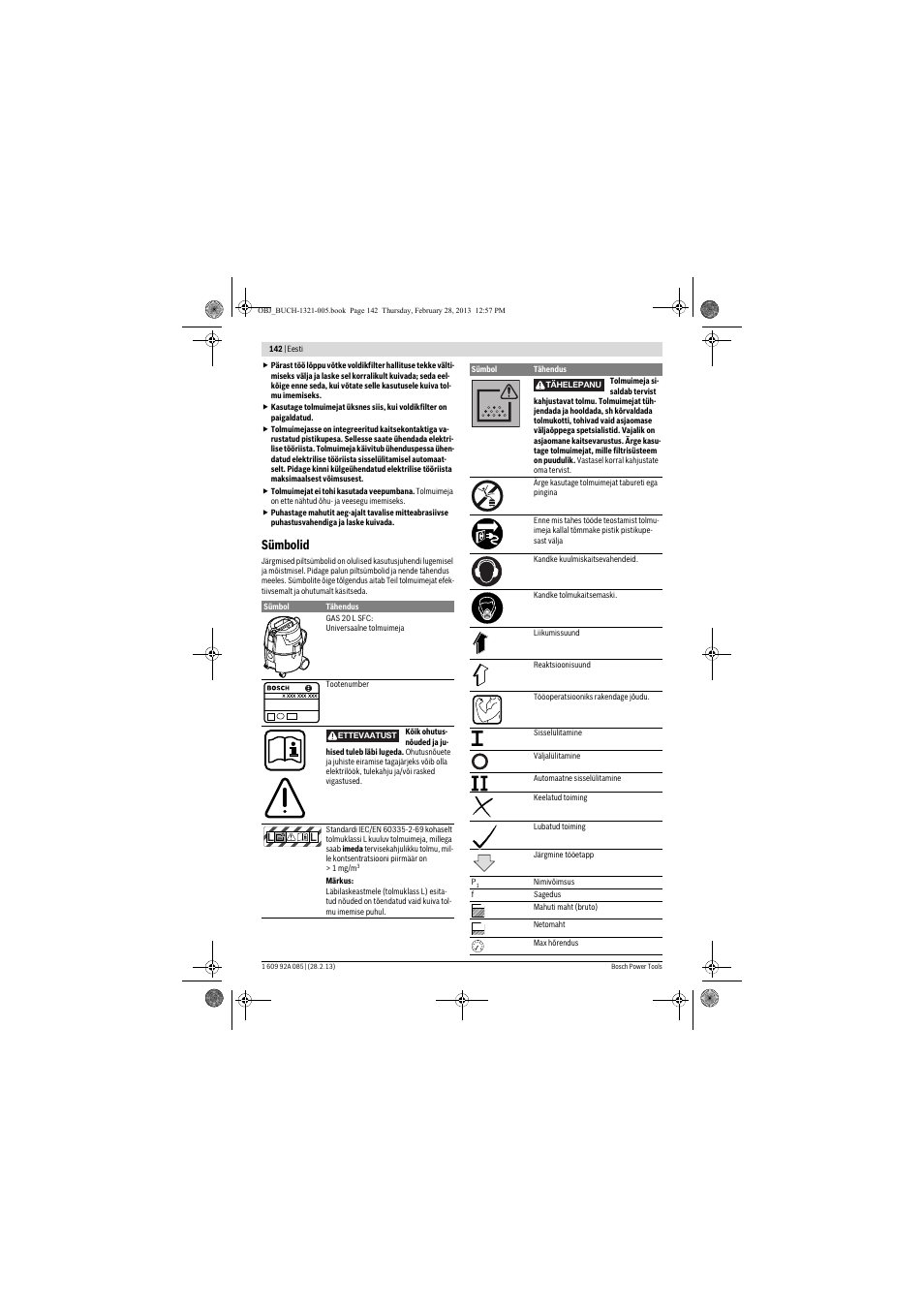 Sümbolid | Bosch GAS 20 L SFC Professional User Manual | Page 142 / 184