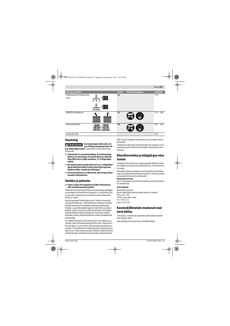 Veaotsing, Hooldus ja puhastus, Klienditeenindus ja müügijärgne nõus- tamine | Kasutuskõlbmatuks muutunud sead- mete käitlus | Bosch GAS 20 L SFC Professional User Manual | Page 145 / 184