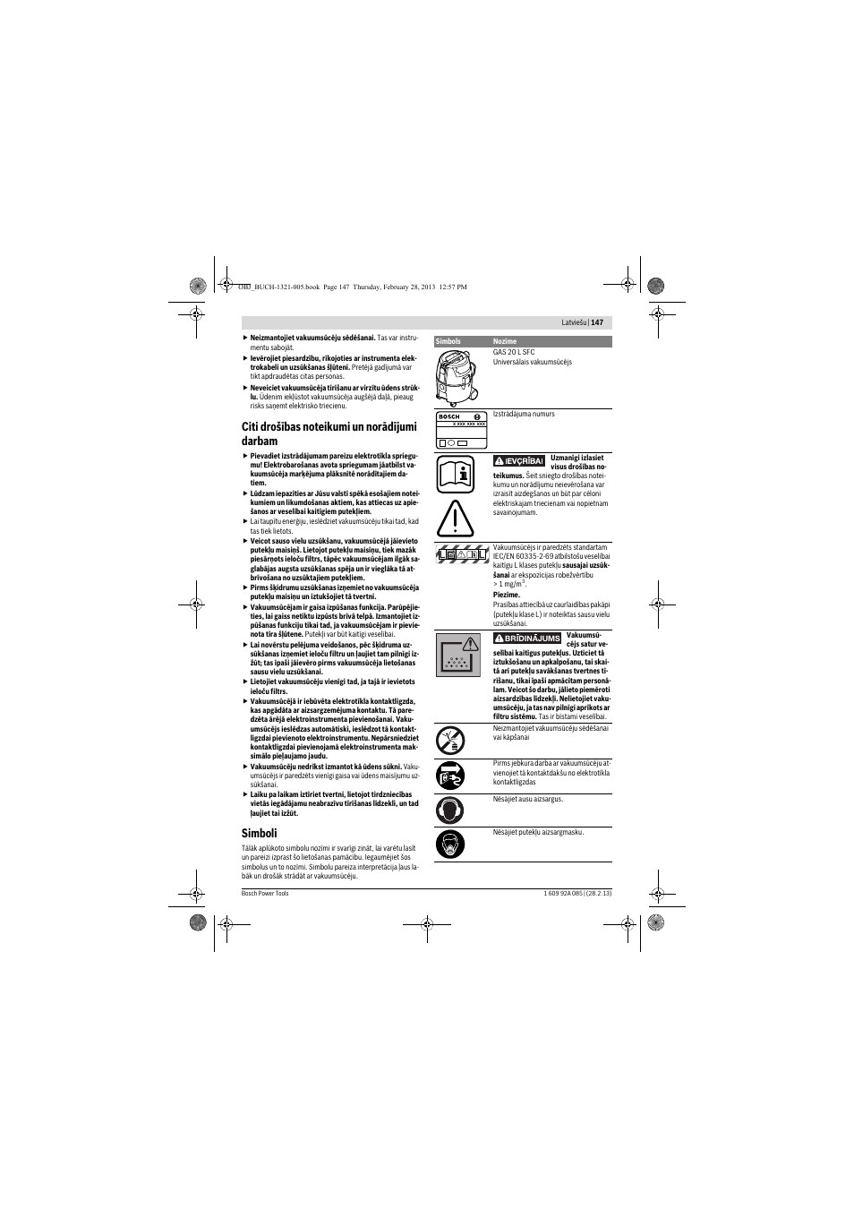 Simboli | Bosch GAS 20 L SFC Professional User Manual | Page 147 / 184