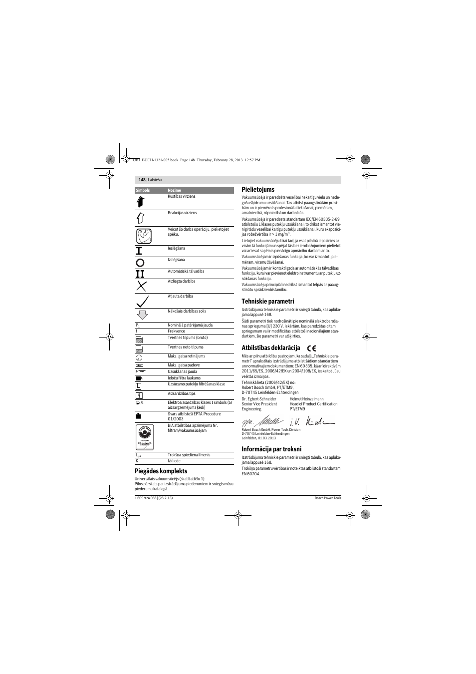 Piegādes komplekts, Pielietojums, Tehniskie parametri | Atbilstības deklarācija, Informācija par troksni | Bosch GAS 20 L SFC Professional User Manual | Page 148 / 184