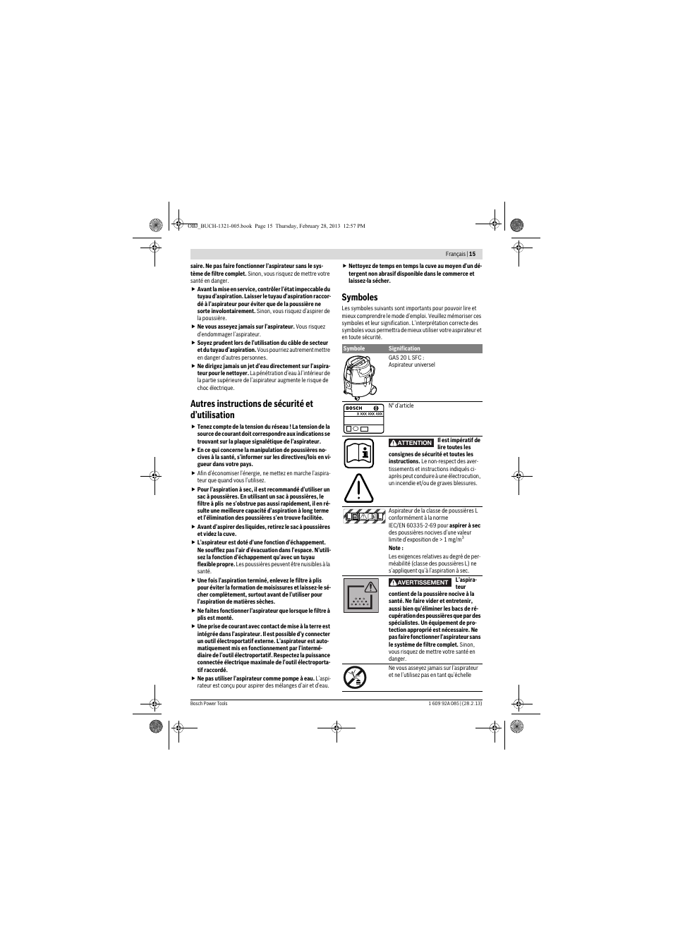 Autres instructions de sécurité et d’utilisation, Symboles | Bosch GAS 20 L SFC Professional User Manual | Page 15 / 184