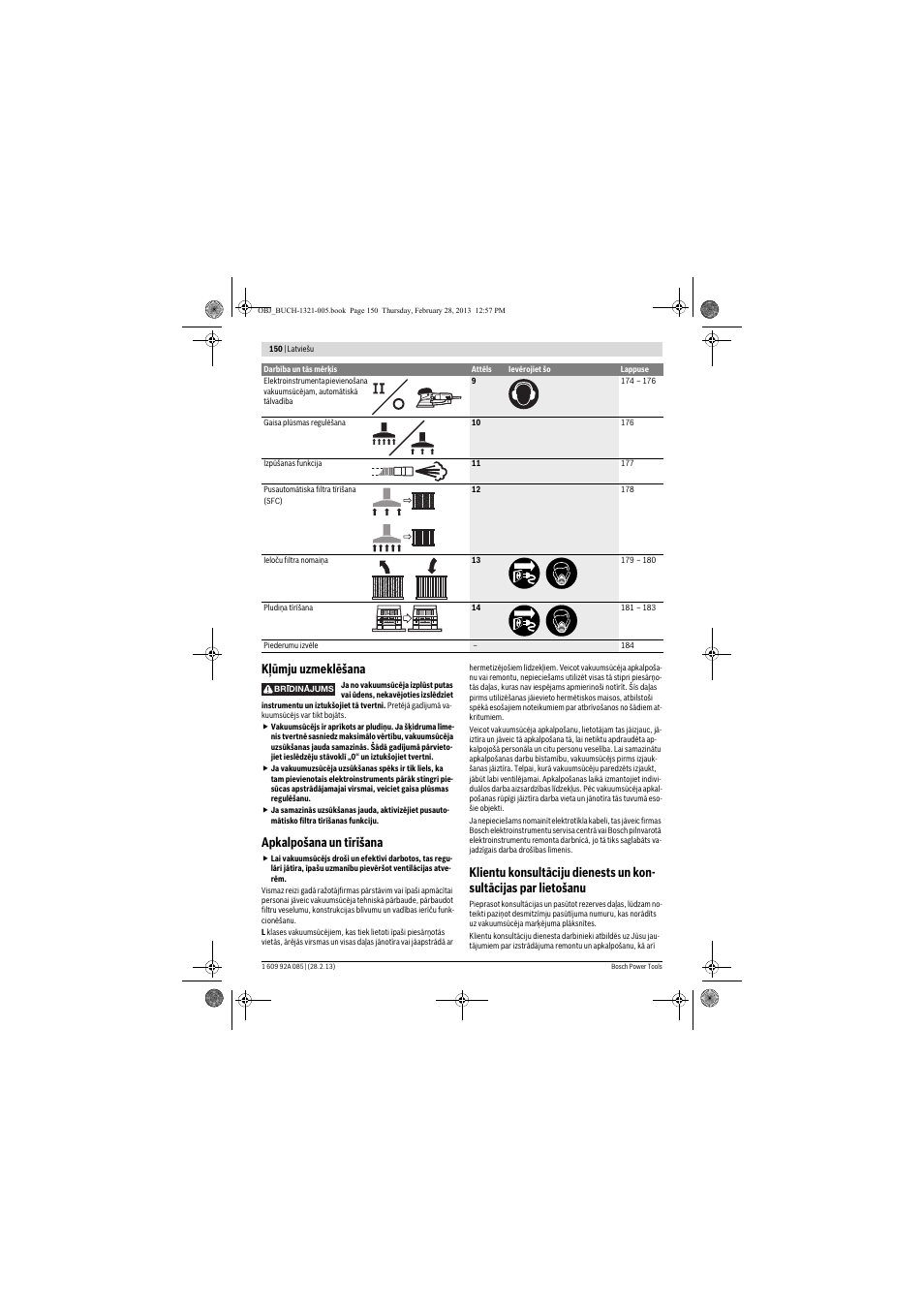 Kļūmju uzmeklēšana, Apkalpošana un tīrīšana | Bosch GAS 20 L SFC Professional User Manual | Page 150 / 184