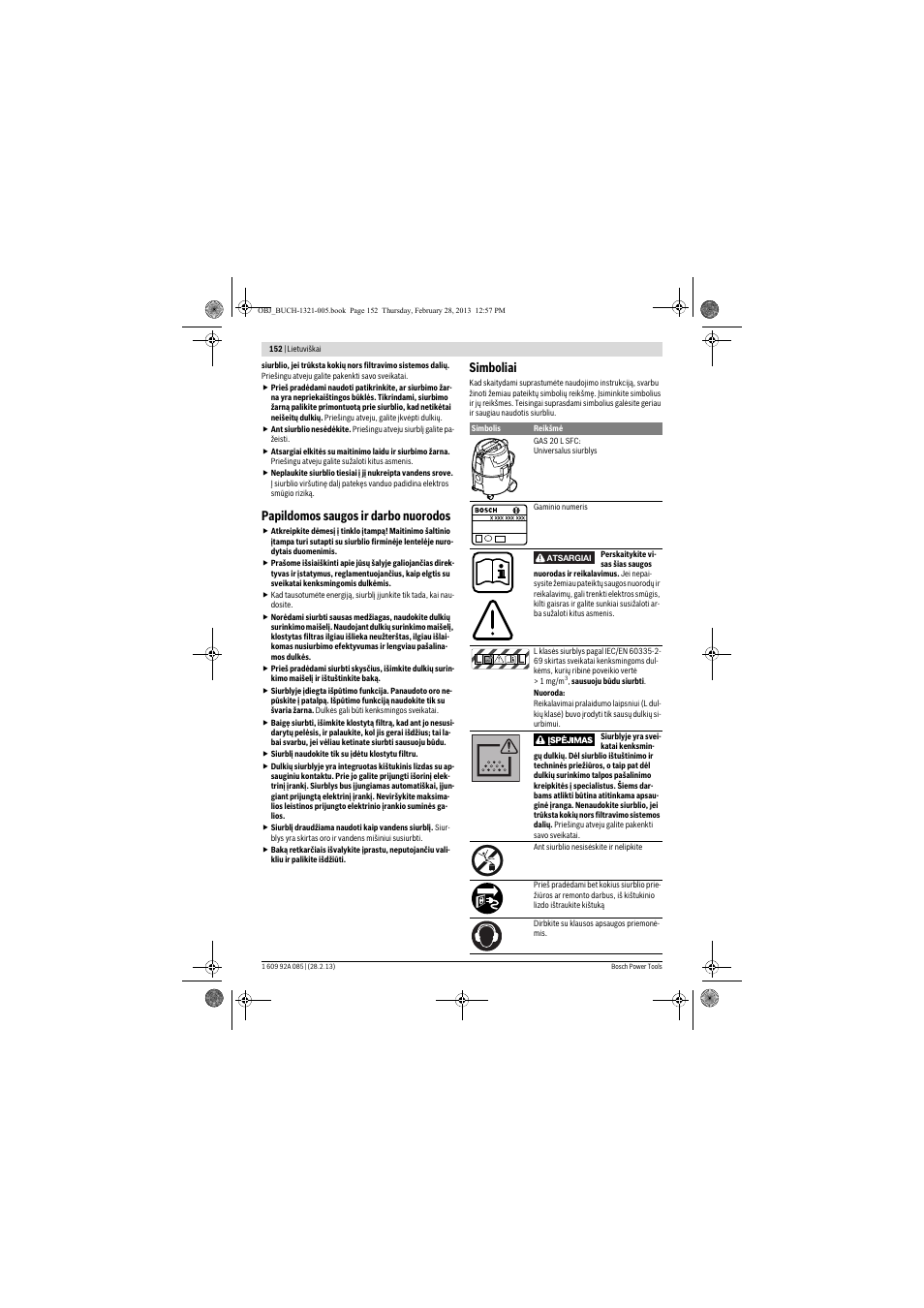 Papildomos saugos ir darbo nuorodos, Simboliai | Bosch GAS 20 L SFC Professional User Manual | Page 152 / 184