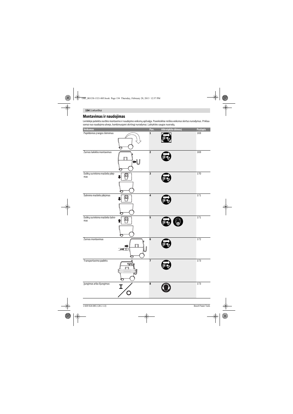 Montavimas ir naudojimas | Bosch GAS 20 L SFC Professional User Manual | Page 154 / 184