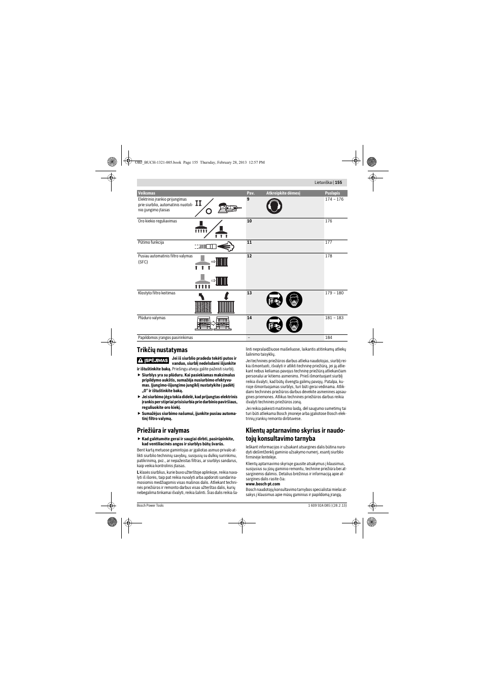 Trikčių nustatymas, Priežiūra ir valymas | Bosch GAS 20 L SFC Professional User Manual | Page 155 / 184