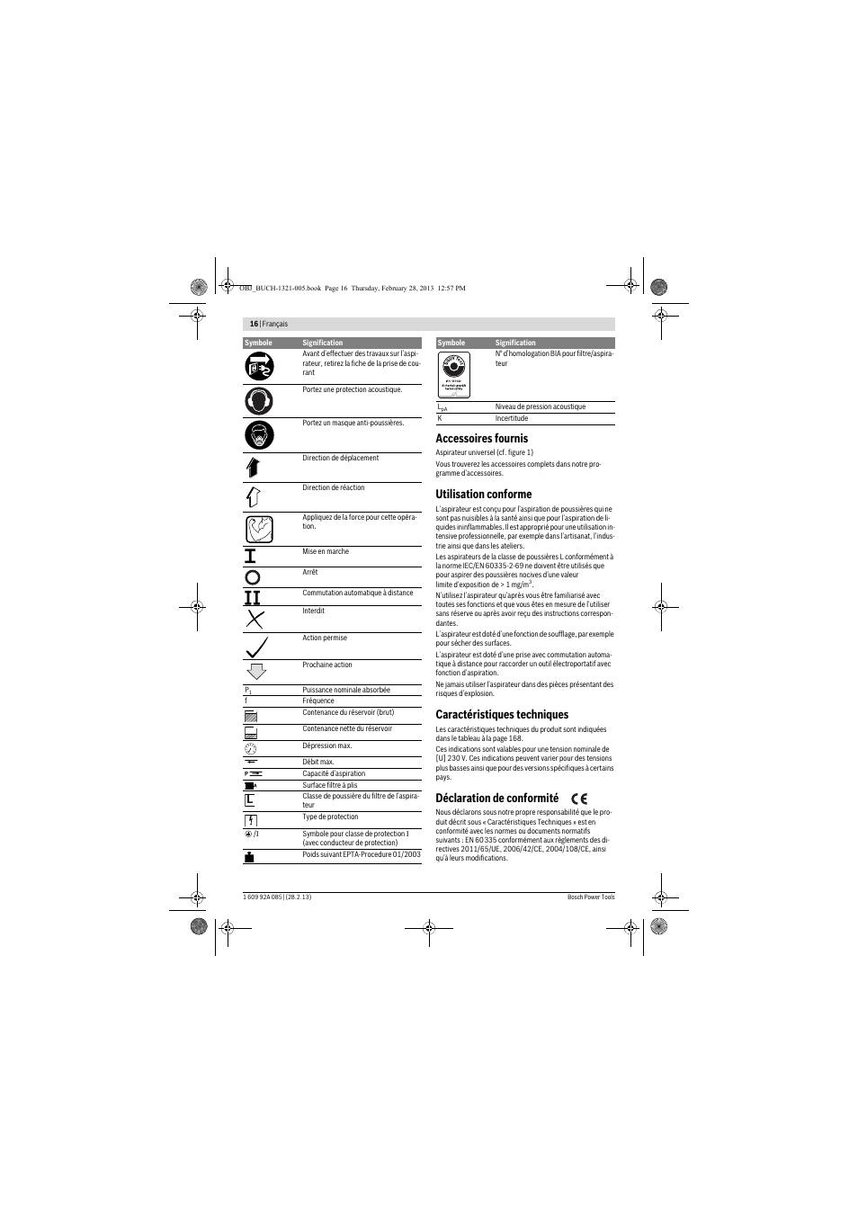 Accessoires fournis, Utilisation conforme, Caractéristiques techniques | Déclaration de conformité | Bosch GAS 20 L SFC Professional User Manual | Page 16 / 184