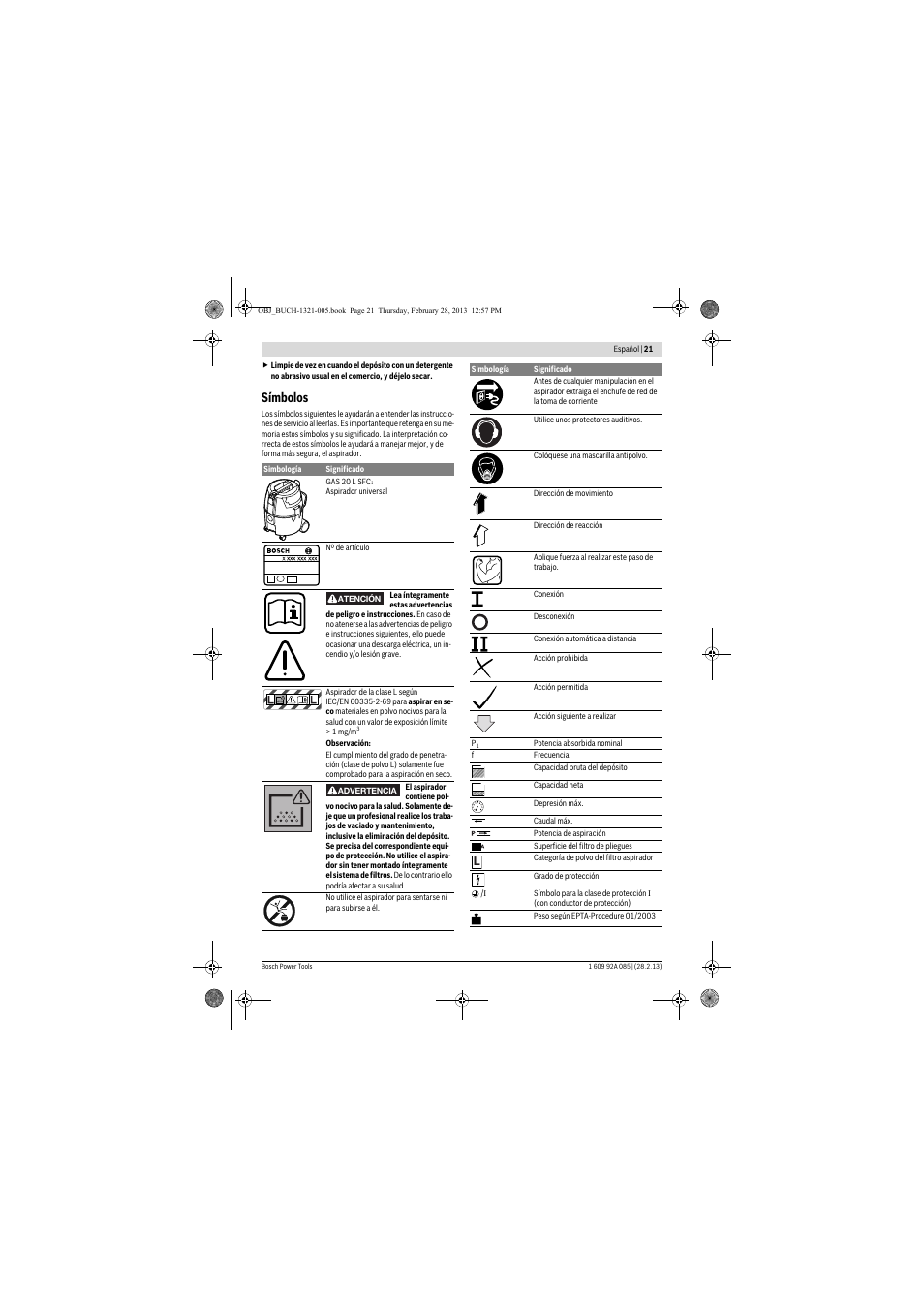 Símbolos | Bosch GAS 20 L SFC Professional User Manual | Page 21 / 184