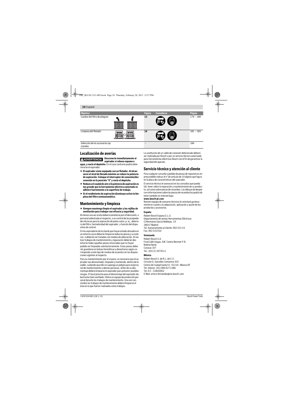 Localización de averías, Mantenimiento y limpieza, Servicio técnico y atención al cliente | Bosch GAS 20 L SFC Professional User Manual | Page 24 / 184