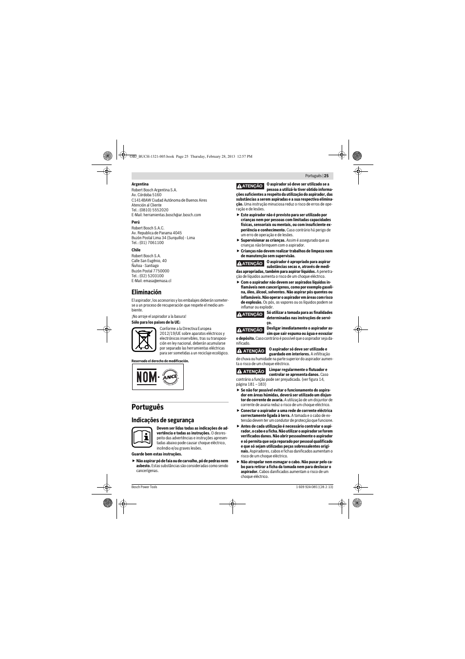 Português, Eliminación, Indicações de segurança | Bosch GAS 20 L SFC Professional User Manual | Page 25 / 184