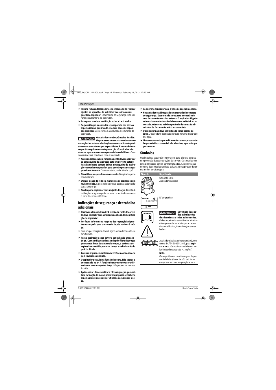 Indicações de segurança e de trabalho adicionais, Símbolos | Bosch GAS 20 L SFC Professional User Manual | Page 26 / 184