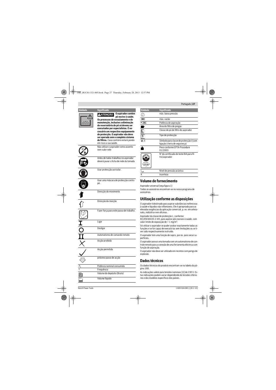 Volume de fornecimento, Utilização conforme as disposições, Dados técnicos | Bosch GAS 20 L SFC Professional User Manual | Page 27 / 184