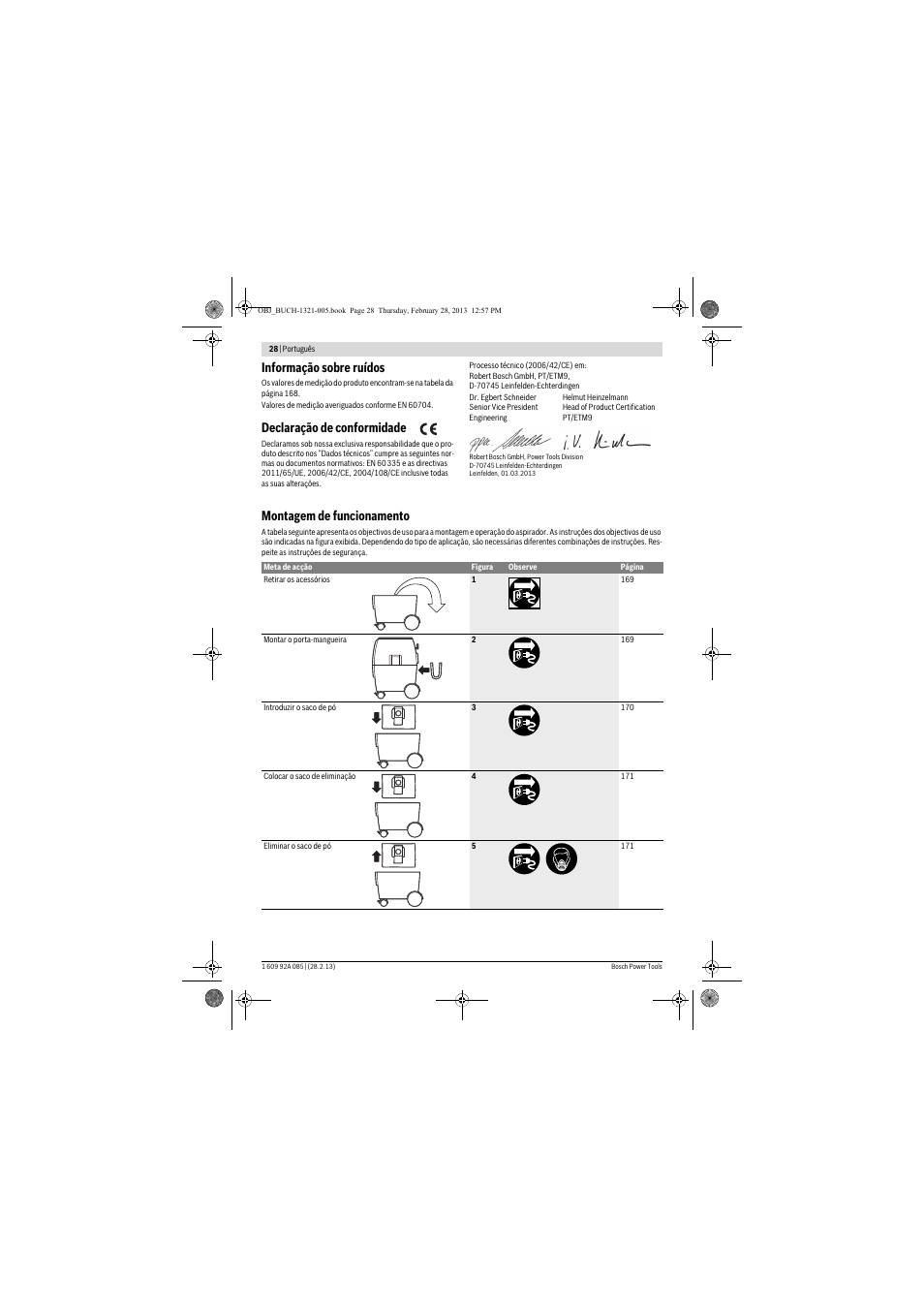 Informação sobre ruídos, Declaração de conformidade, Montagem de funcionamento | Bosch GAS 20 L SFC Professional User Manual | Page 28 / 184