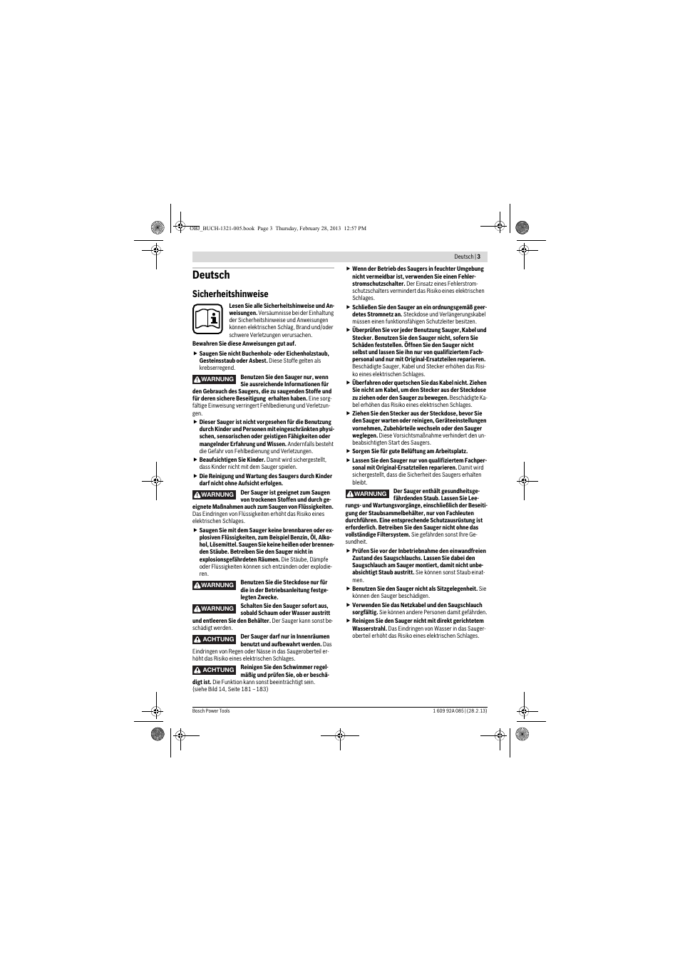 Deutsch, Sicherheitshinweise | Bosch GAS 20 L SFC Professional User Manual | Page 3 / 184