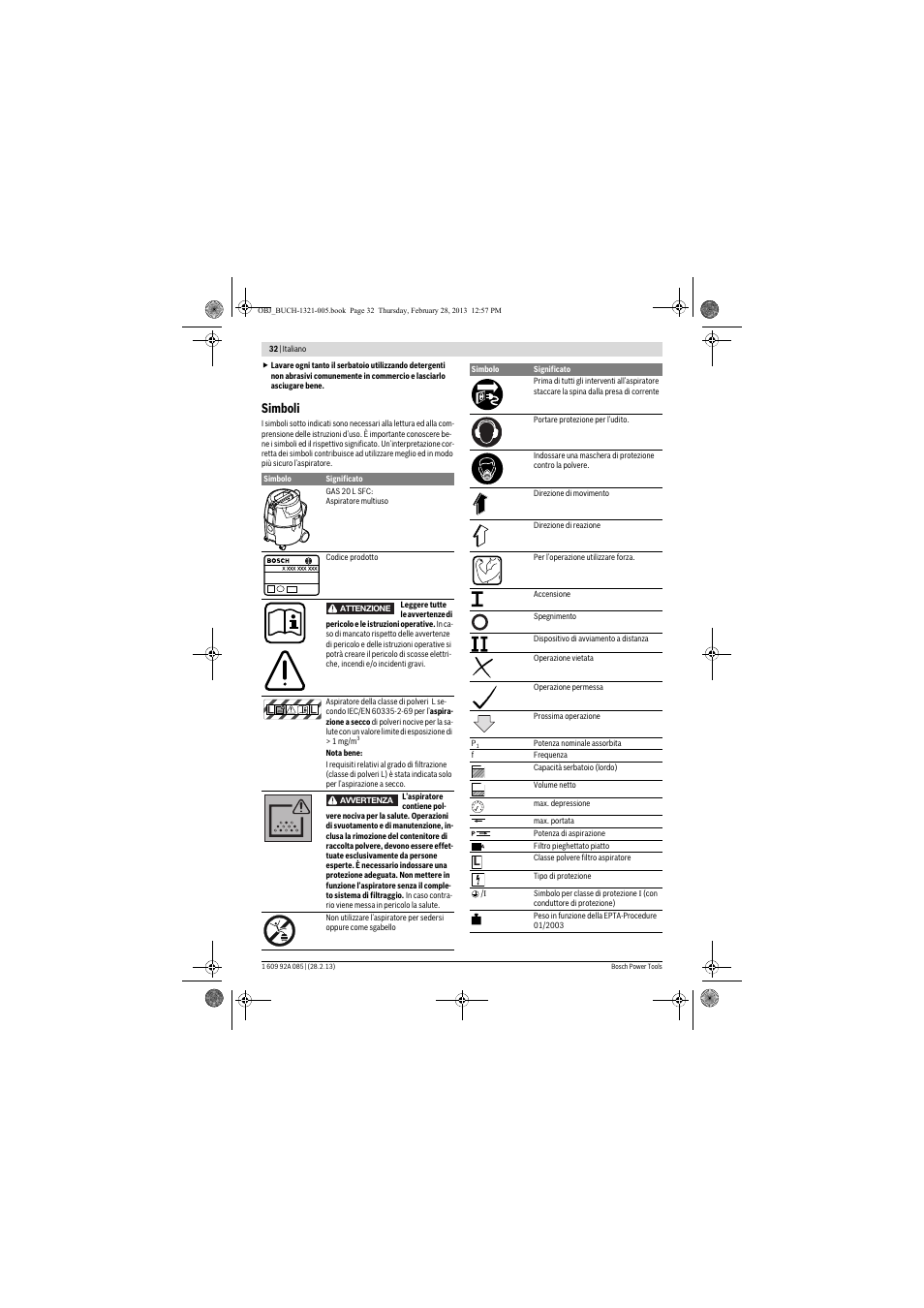 Simboli | Bosch GAS 20 L SFC Professional User Manual | Page 32 / 184