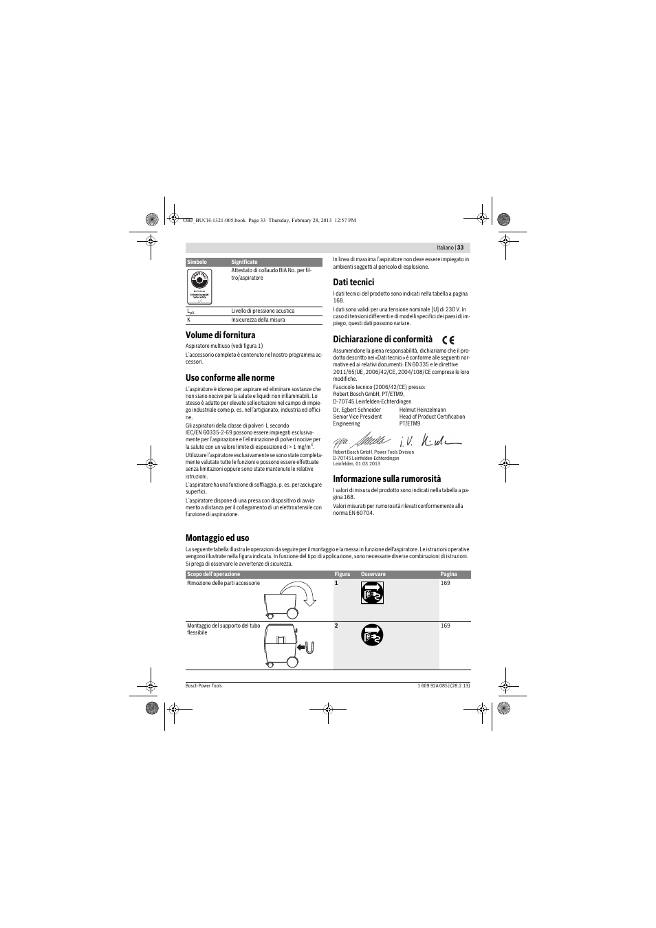 Volume di fornitura, Uso conforme alle norme, Dati tecnici | Dichiarazione di conformità, Informazione sulla rumorosità, Montaggio ed uso | Bosch GAS 20 L SFC Professional User Manual | Page 33 / 184