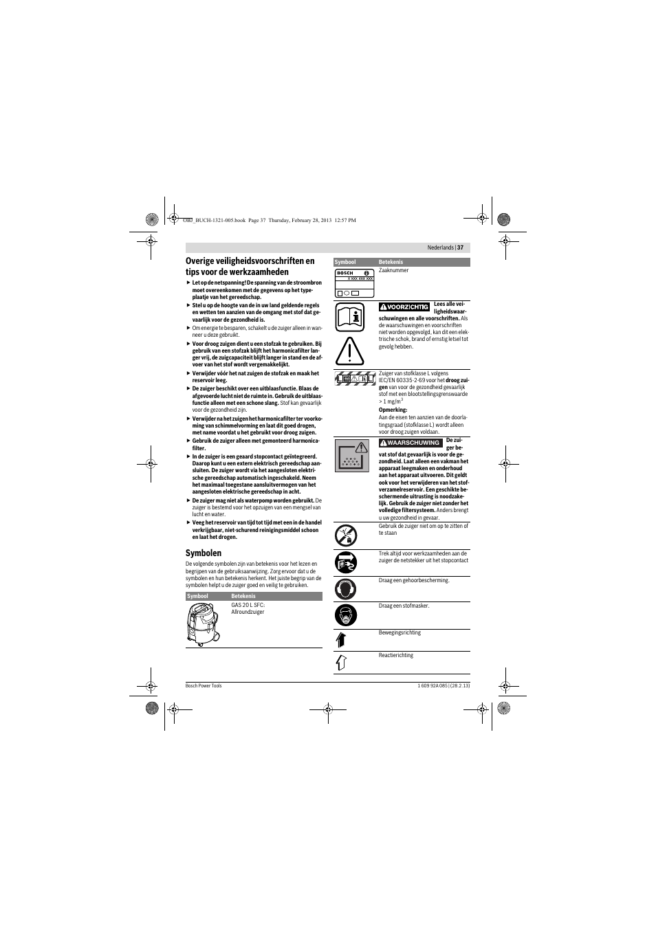 Symbolen | Bosch GAS 20 L SFC Professional User Manual | Page 37 / 184