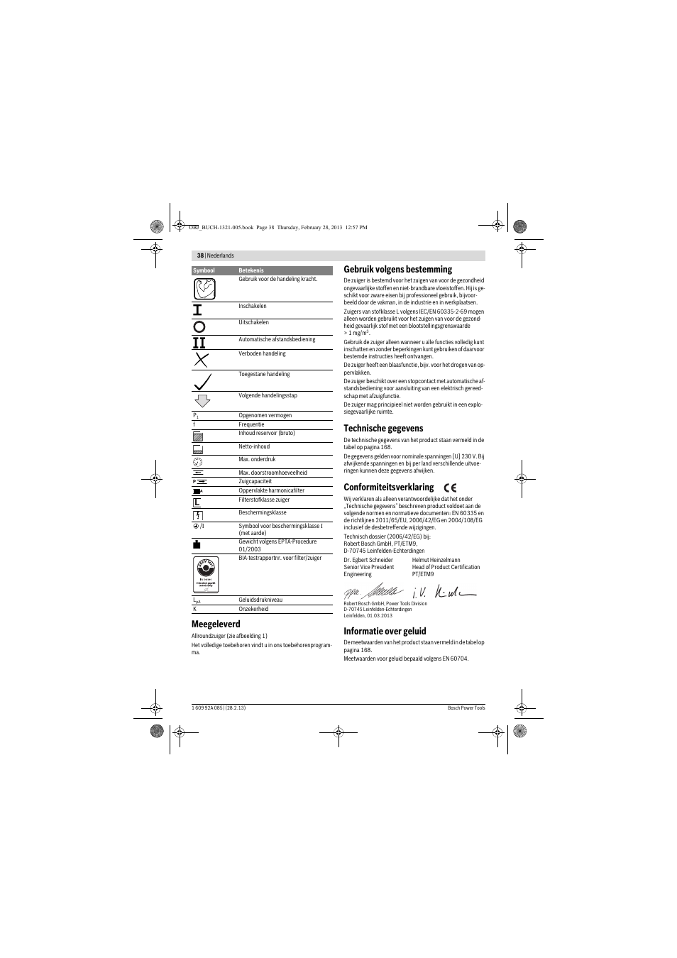 Meegeleverd, Gebruik volgens bestemming, Technische gegevens | Conformiteitsverklaring, Informatie over geluid | Bosch GAS 20 L SFC Professional User Manual | Page 38 / 184