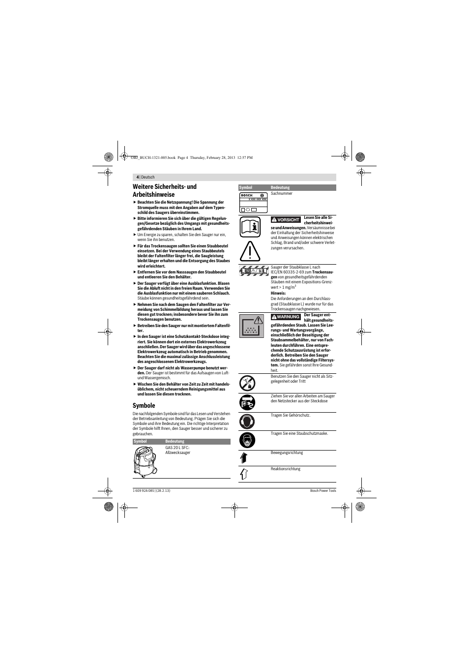 Weitere sicherheits- und arbeitshinweise, Symbole | Bosch GAS 20 L SFC Professional User Manual | Page 4 / 184