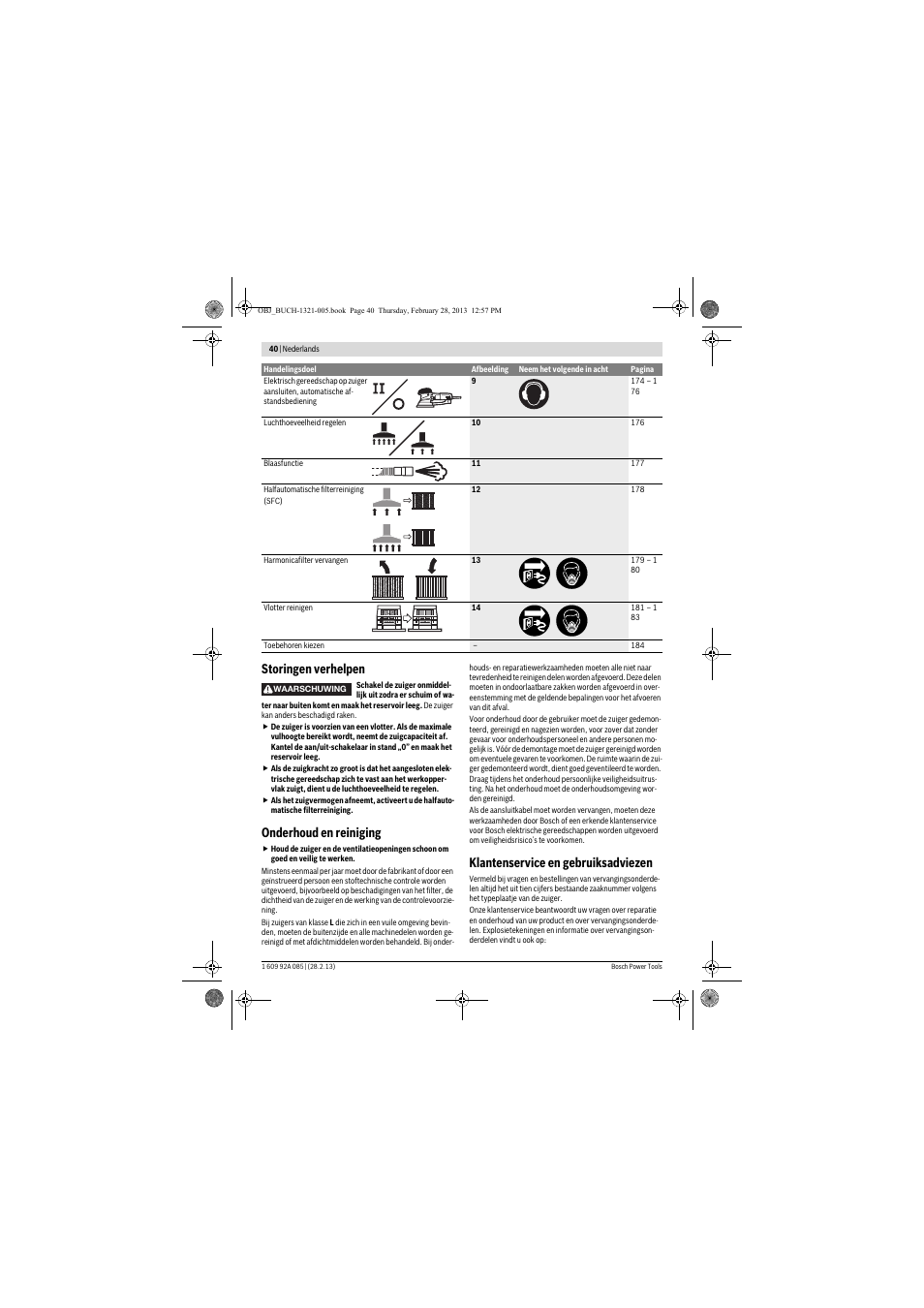 Storingen verhelpen, Onderhoud en reiniging, Klantenservice en gebruiksadviezen | Bosch GAS 20 L SFC Professional User Manual | Page 40 / 184