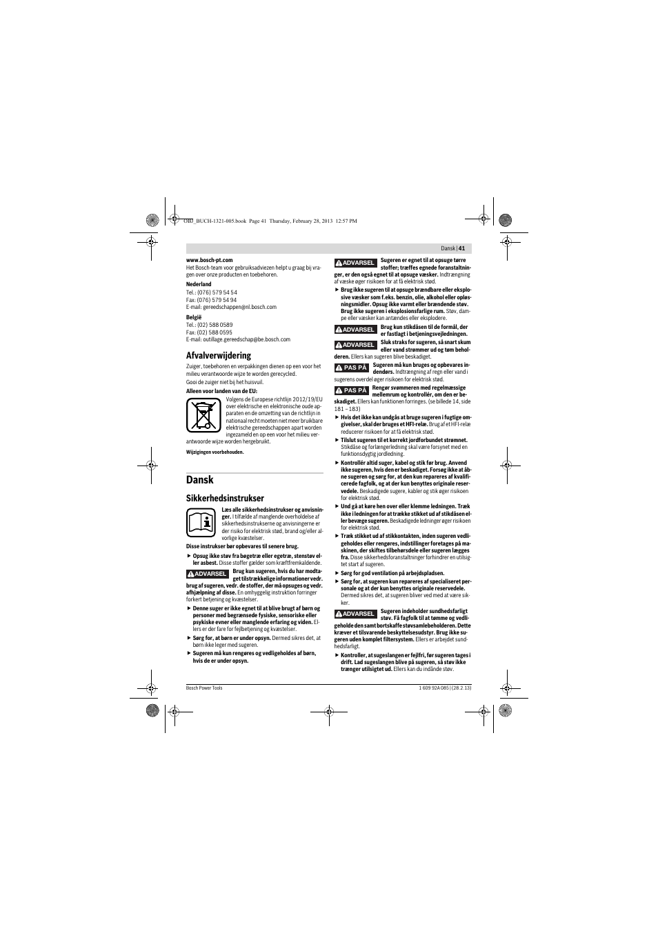 Dansk, Afvalverwijdering, Sikkerhedsinstrukser | Bosch GAS 20 L SFC Professional User Manual | Page 41 / 184