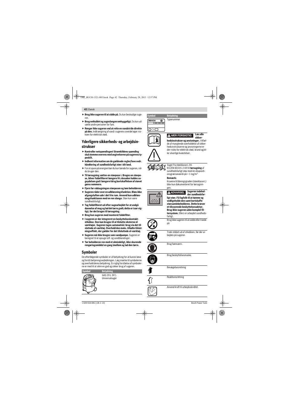 Yderligere sikkerheds- og arbejdsin- strukser, Symboler | Bosch GAS 20 L SFC Professional User Manual | Page 42 / 184