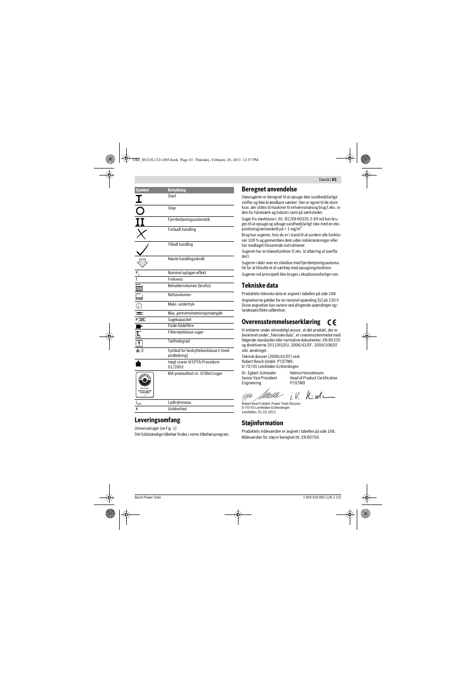 Leveringsomfang, Beregnet anvendelse, Tekniske data | Overensstemmelseserklæring, Støjinformation | Bosch GAS 20 L SFC Professional User Manual | Page 43 / 184