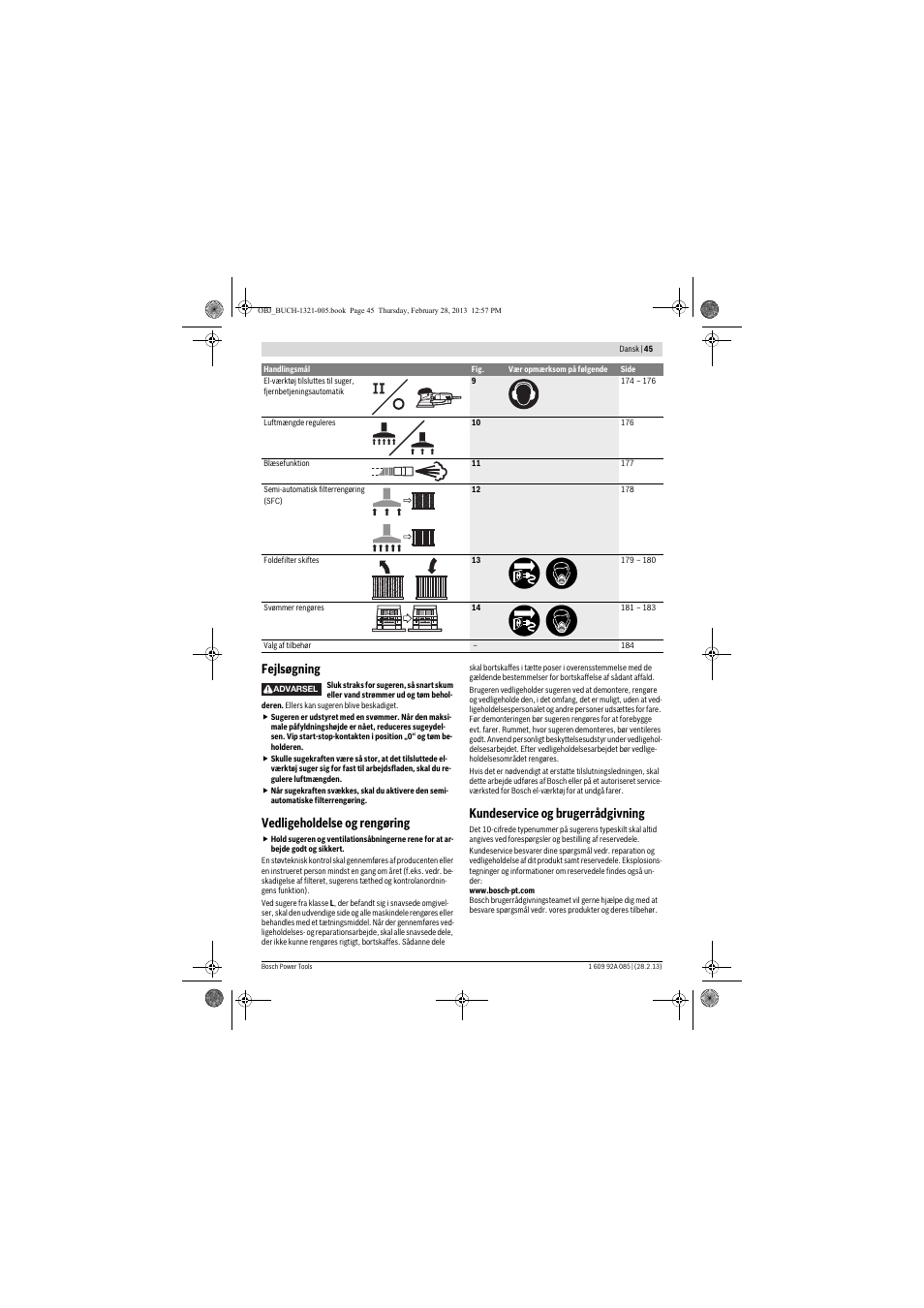 Fejlsøgning, Vedligeholdelse og rengøring, Kundeservice og brugerrådgivning | Bosch GAS 20 L SFC Professional User Manual | Page 45 / 184