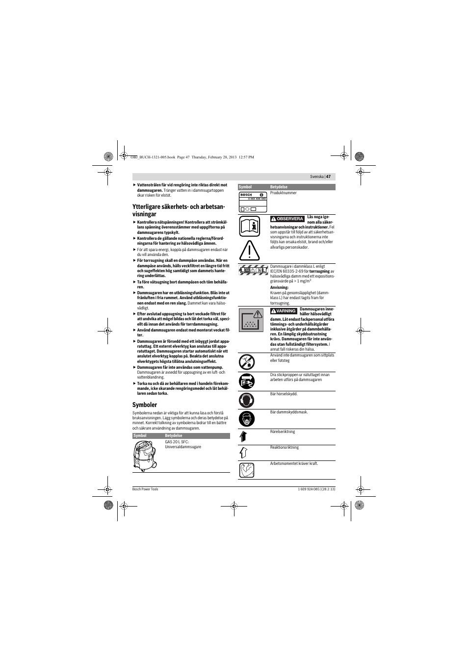 Ytterligare säkerhets- och arbetsan- visningar, Symboler | Bosch GAS 20 L SFC Professional User Manual | Page 47 / 184