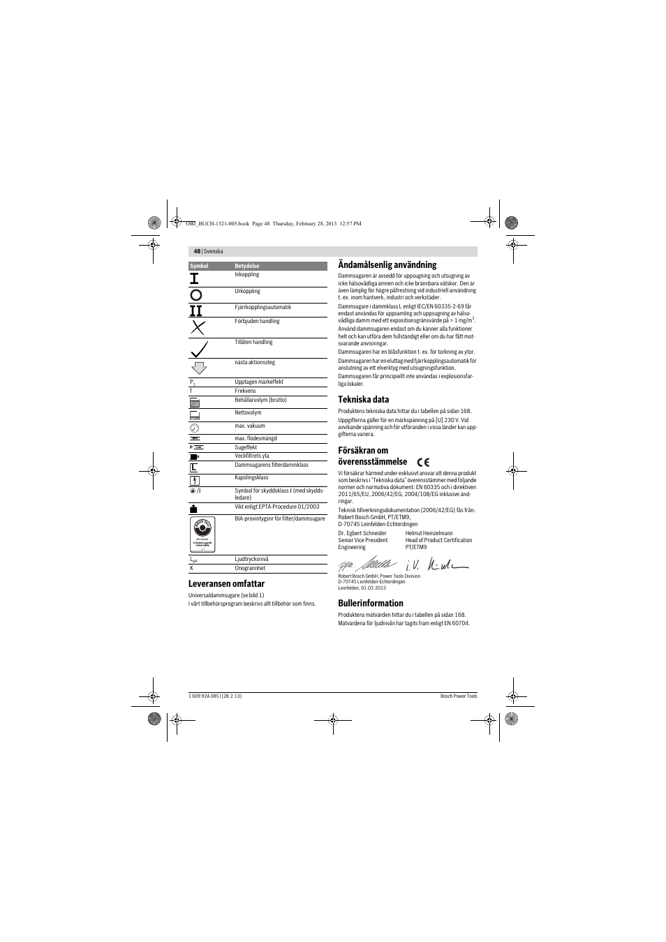 Leveransen omfattar, Ändamålsenlig användning, Tekniska data | Försäkran om överensstämmelse, Bullerinformation | Bosch GAS 20 L SFC Professional User Manual | Page 48 / 184