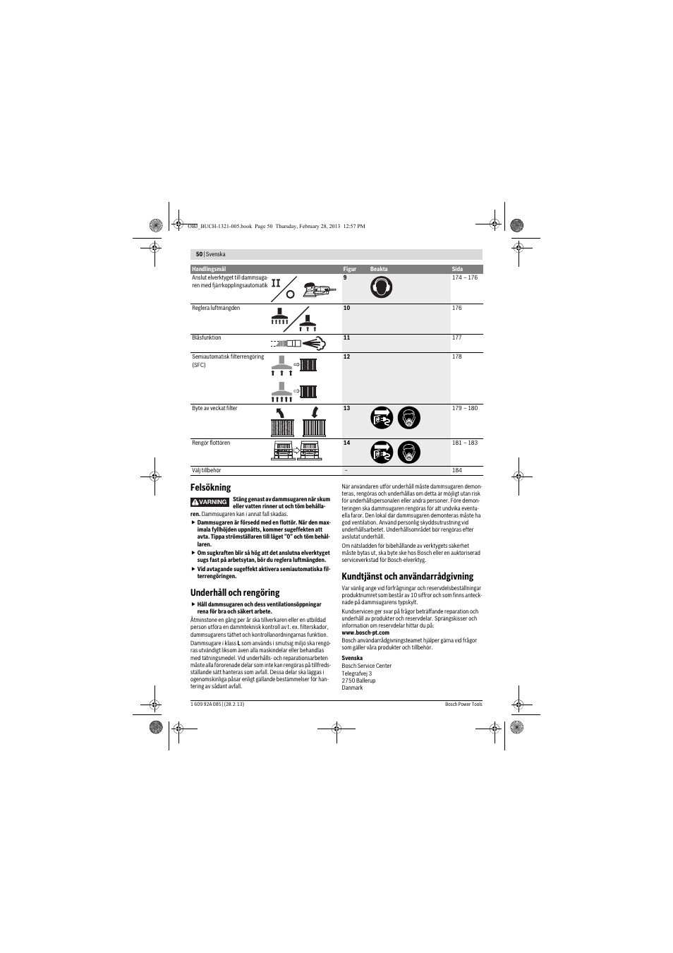 Felsökning, Underhåll och rengöring, Kundtjänst och användarrådgivning | Bosch GAS 20 L SFC Professional User Manual | Page 50 / 184