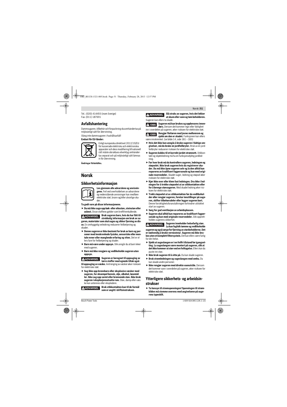 Norsk, Avfallshantering, Sikkerhetsinformasjon | Ytterligere sikkerhets- og arbeidsin- strukser | Bosch GAS 20 L SFC Professional User Manual | Page 51 / 184