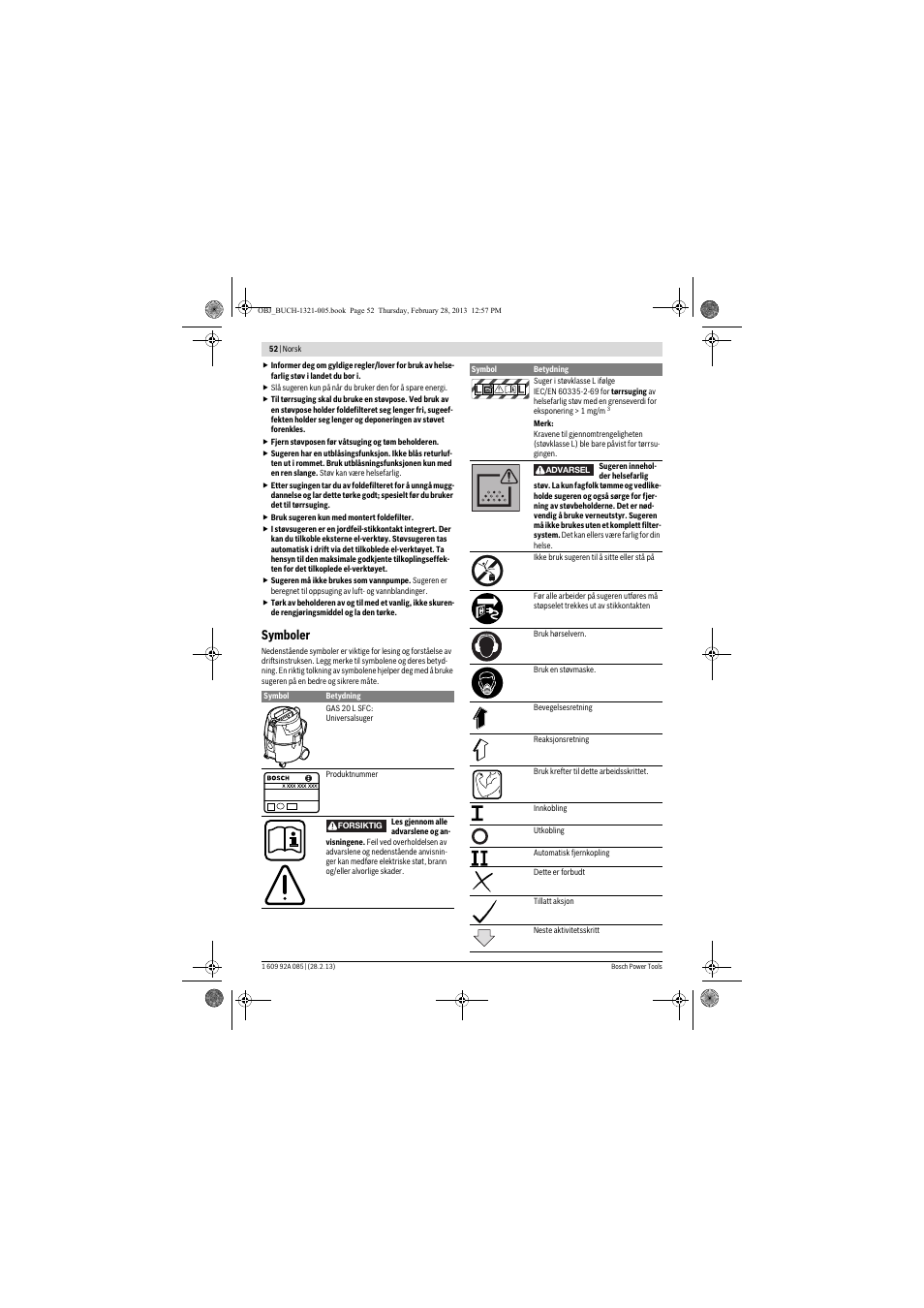 Symboler | Bosch GAS 20 L SFC Professional User Manual | Page 52 / 184