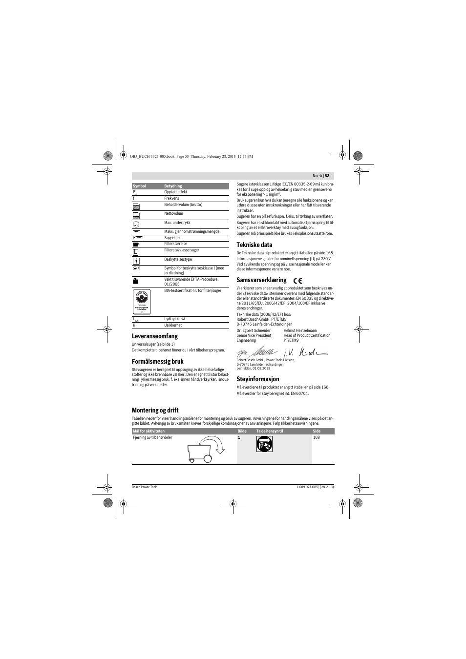 Leveranseomfang, Formålsmessig bruk, Tekniske data | Samsvarserklæring, Støyinformasjon, Montering og drift | Bosch GAS 20 L SFC Professional User Manual | Page 53 / 184